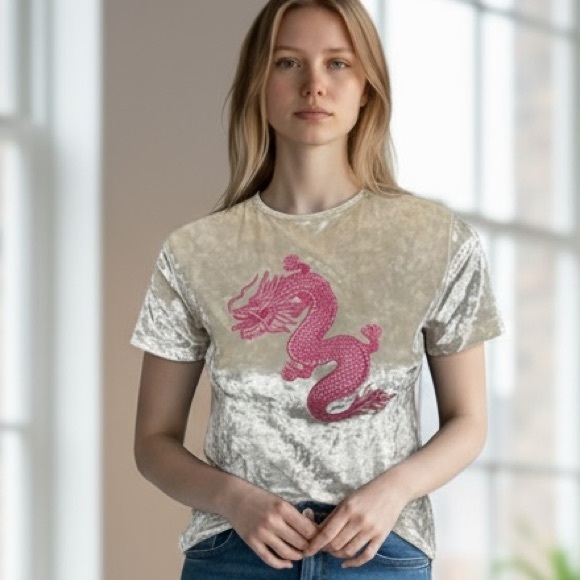 Lazy Oaf Tops - Lazy Oaf NEW Dragon T-Shirt with Pink Dragon Embroidered on a Cream Velvet Sz M